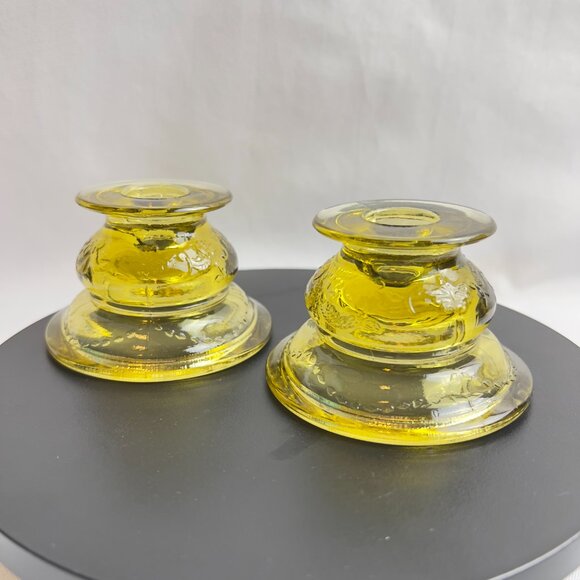 Indiana Glass 1970s Madrid Style Yellow Glass Vintage Candlestick Holders Pair - Picture 5 of 12
